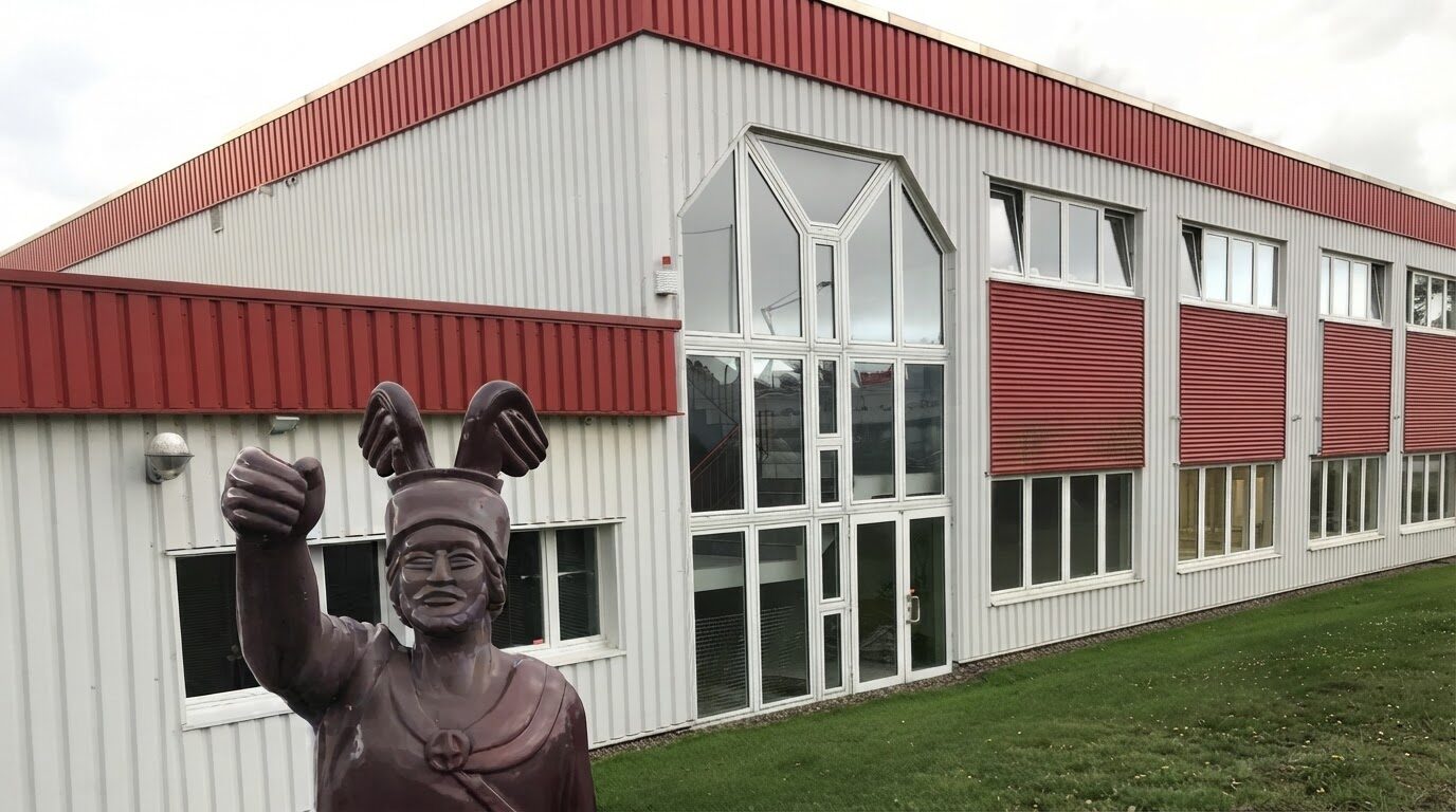 Die Hermann-Figur mit erhobenem Daumen vor dem Haus Am Gelskamp 14, Coworking Detmold
